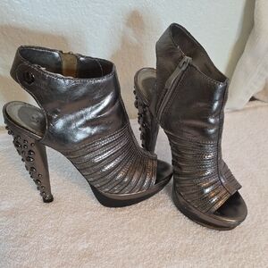 bebe Metallic Gray Heeled Sandals